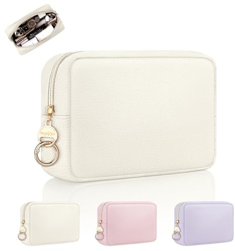 Grande Pochette Maquillage Femmes Trousse de Maquillage Rangement à Cosmétique Petite Trousse de Toilette Filles en Cuir PU pour Voyage Accessoires Cadeau Anniversaire Femme Fille Amie(Litchi-Beige)