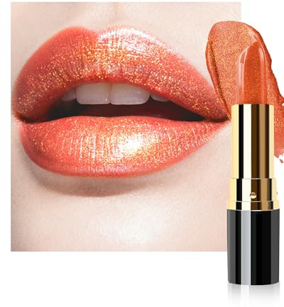 Metallic Glänzend Lippenstift, Coral Orange Glitzer Lippenstifte Langlebige | Glitter Lipstick mit Glatte Feuchtigkeitsspendende Texture, Intensive Farben, Vegan Wasserfest Lipgloss Make-up für Frauen