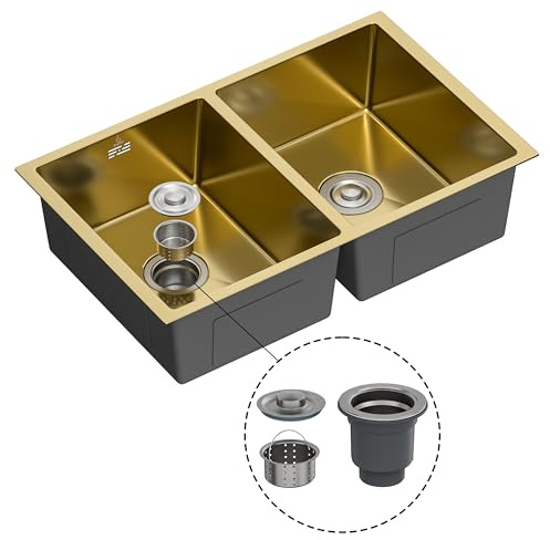 GASFRIT Fregadero de Cocina Doble Seno 760x470 mm, 2 Cubetas 200 mm Altura, Sobre Encimera, Desagüe Ø110 mm (Oro Cepillado)
