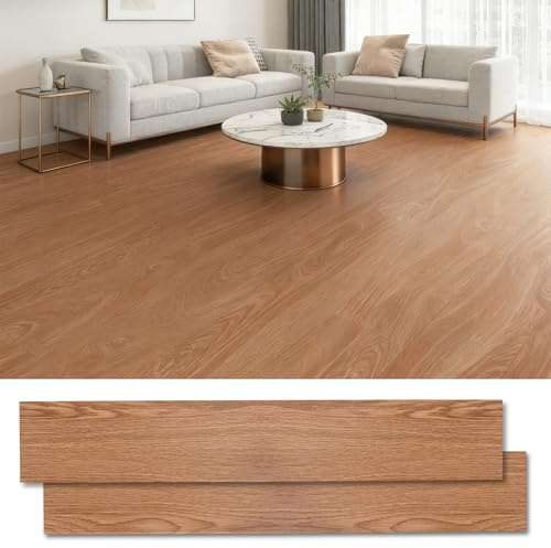 36 Stück PVC Bodenbelag Selbstklebend, 5.02㎡ Vinylboden Selbstklebend mit Holzoptik, Wasserfest Bodenfliesen Selbstklebends für Bodenbelag Wohnzimmer Küche, 2 mm,15,24 cm x 91,44 cm (Hellbraun)