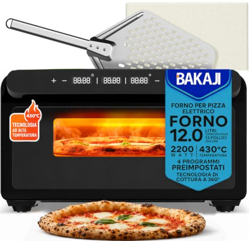 BAKAJI Forno Elettrico per Pizza Potenza 2200Watt, Pietra Refrattaria da 32 cm, Cottura in 3 Minuti, Calore Omogeneo 360°, Pizza Maker con Timer Regolabile, Temperatura 150-430°C, Nero