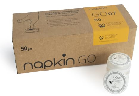 Confezione da 50 salviette umidificate tascabili pronte all'uso NAPKIN GO 07 in capsule monouso con fragranza Citronella, Biodegradabili, Anallergiche utilizzo anche su pelle sensibile.