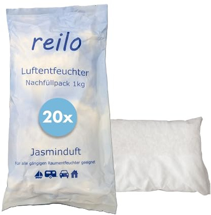 reilo 20x 1kg Jasminduft Luftentfeuchter Granulat, Raumluftentfeuchter im Vliesbeutel, Nachfüllpacks für gängige Entfeuchterboxen, Lufttrockner für Wohnraum, Schlafzimmer, Keller