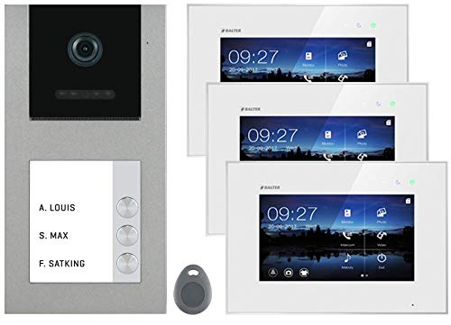 Balter EVO Grau Video Türklingel mit Kamera und RFID Chip für 3 FAM Haustür, 2 Draht Kabel Doorbell Aufputz Türsprechanlage Klingel mit 3X 7 Zoll Touchscreen Monitor mit Türöffner Funktion Set