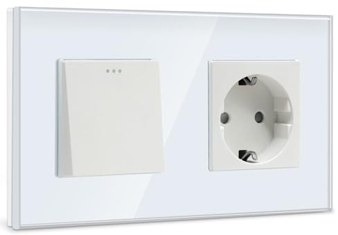 BSEED Lichtschalter mit Steckdose 1 Fach 1 Fach 1 Weg Glas Platte 10A Schuko Schalter 16A Weiß,157mm