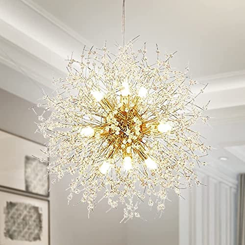 Lustre pissenlit à 9 lumières LED Lustre feu d'artifice Cristal moderne Éclairage suspendu Plafond de cristal Luminaires, Luminaires suspendus (2 bâtons de cristal + 9 ampoules G9 en cadeaux). (doré)