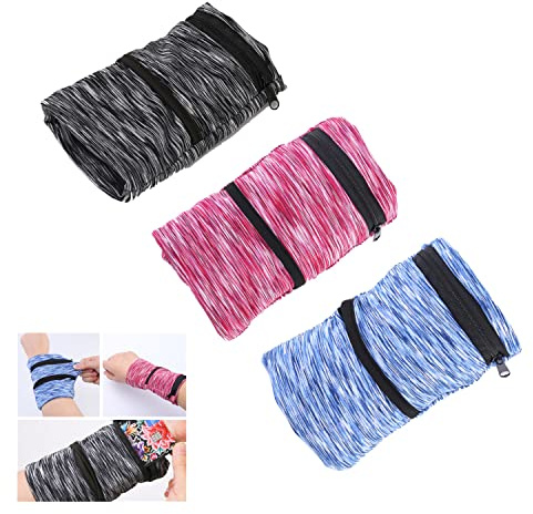 Handledsväska, fickplånbok med dragkedja för löpning, promenader, vandring, cykling, yoga och mer (3-pack) (svart + blå + röd, L)