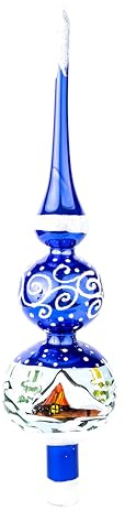 Polish Gallery Weihnachtsbaumspitze Spitz Glas geblasen, handdekoriert, weiße Verzierungen (blau glänzend, 38,1 cm)