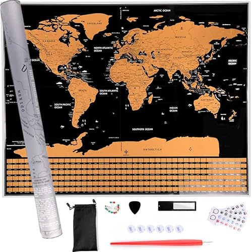 Retoo Weltkarte zum Rubbeln XXL 82 x 59 cm, International Großformat Poster mit Gold Rubbeln, Rubbelweltkarte mit Accessoires Klebesticker Kratzwerkzeug, Laminiert Groß Weltkarte zum Freirubbeln