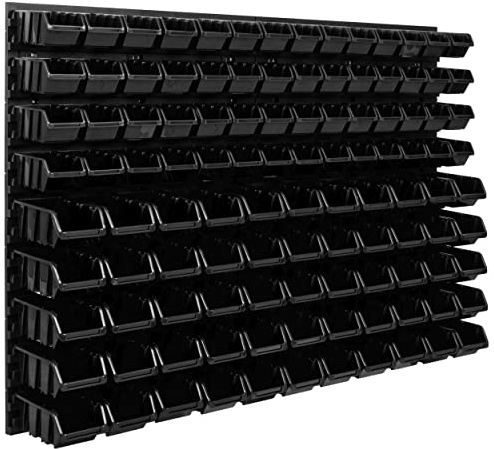 SimpleThing Système de rangement Étagère d'atelier | 115 x 78 cm | Boîte de 111 pièces | Étagère murale avec boîtes empilables – Plaques murales extra solides Étagère de rangement pour garage