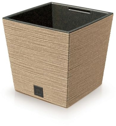 Prosperplast 2in1 Blumentopf mit Innenkübel Blumenkasten Pflanzentopf Übertopf Kunststoff Holz Meißel Optik 29,5 cm x 29,5 cm x 29 cm (Braun)