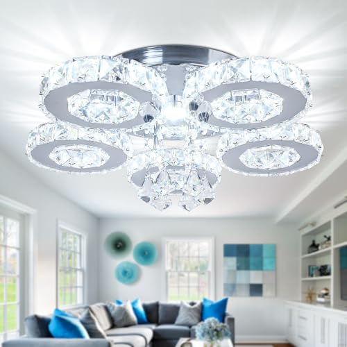 FRIXCHUR Kristall Kronleuchter LED Deckenleuchte 5-Ringe Moderne Kronleuchter Leuchte für Wohnzimmer Schlafzimmer Küche (Kühl Weiß)