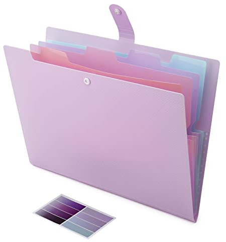 NAFY Colorful Expanding File Folder, 5 Pockets Folder with Colored Labels Portable Weave Pattern Accordion File Folder A4 Letter Size Project Organizer Document Folder for Office School (Purple)