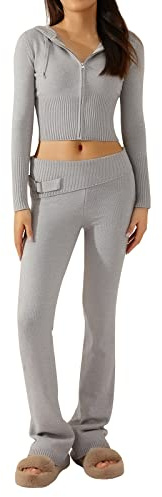 Damen Y2K Zweiteiler Hose und Pullover Strick Reißverschluss Up Crop Hoodies Vintage Sweatshirts mit Kapuze und Hose 90er Lounge Set (A-grau, M)