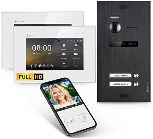 Balter EVO-HD Video Türsprechanlage, Video Türklingel mit Kamera, 2 Familienhaus, Smartphone App, 2X 7 Zoll HD Monitor, Full HD-Kamera, 2 Draht Bus, Gegensprechanlage mit 175° Weitwinkel Schwarz