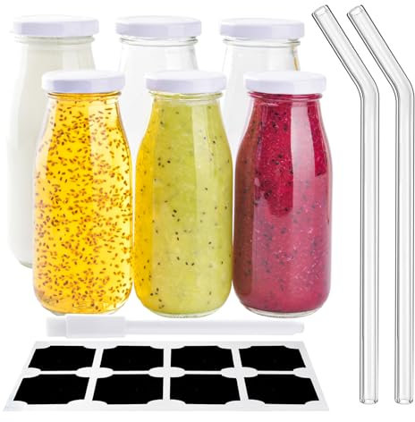Lot de 6 Bouteilles en Verre de 250 ml Avec Couvercles - Réutilisables pour Lait et Jus - Inclut Pailles, Étiquettes et Stylo pour Tableau Blanc