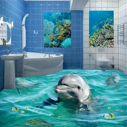 Badezimmerbodenaufkleber Niedliche Delphin-Wandaufkleber, 350 x 245 cm Bodenfliesen Aufkleber Wohnzimmer Studie Bodenbelag Tapete, Epoxidharz