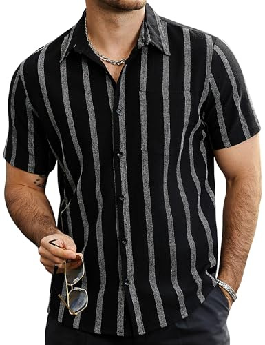 VATPAVE Mens Summer Striped Shirts Button Down Short Sleeve Vintage Beach Hawaiian Shirts with Pocket X-Large Black Vacation