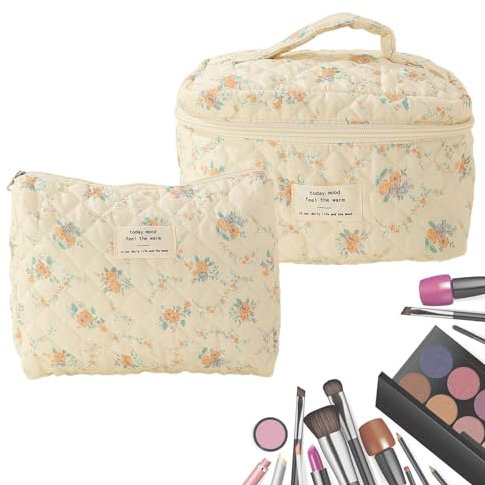 Reise Kosmetiktasche | Gesteppte Kulturtasche Damen Mit Schön Blumenmuster | Kulturbeutel Baumwolle Floral Make Up Bag | Geblümte Make Up Tasche | Baumwoll Blumen Kosmetiktasche
