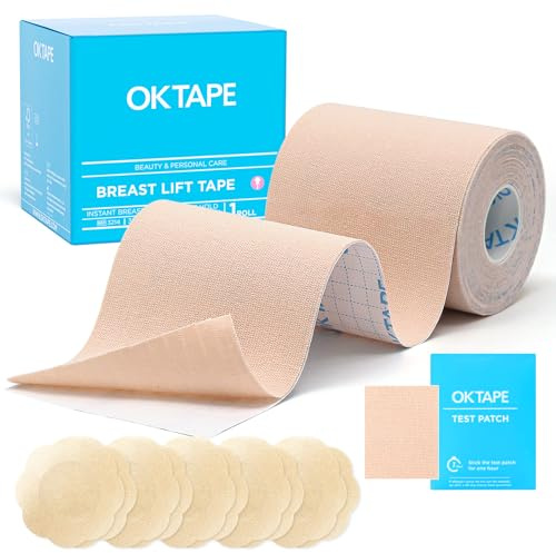 OK TAPE Bröstlyftband för stora bröst A-G osynlig bandskärning med 5 par bröstvårtskydd bandkläder för klänningar, kroppstejp för stora bröst, rosa, 5cm x 5m