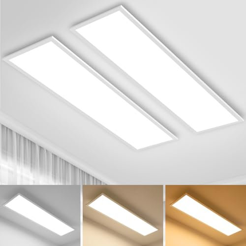 2PCS Deckenlampe LED Panel 100x25cm, 28W Dimmbar Deckenleuchte Helligkeit Ultra-Flach mit Fernbedienung, 2700K-6500K Warm/Weiß/Kalt Weißes Licht, Beleuchtung für Badezimmer Büro Fitnessr