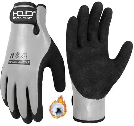 HANDLANDY Winter Waterproof Work Gloves, Thermal Insulated Cold Weather Gloves with Grip for Men Women, for Freezer Fishing Warehouse (Black-Grey, L)