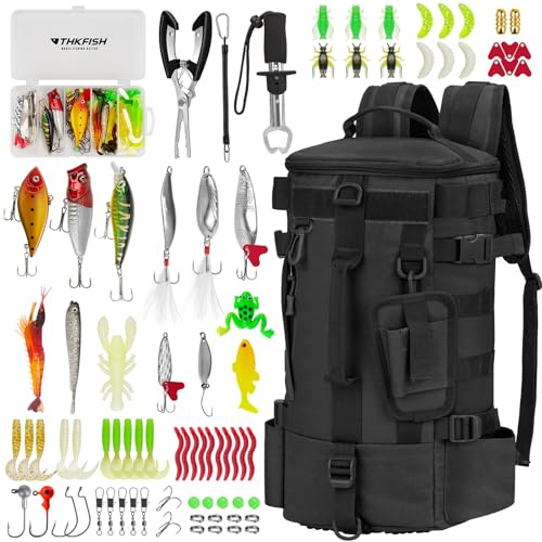 THKFISH 84-teiliges Angelrucksack Werkzeugsatz, Angelzubehör Kit Angeltasche für Angeln, inklusive Angelzangen, Ködern, Fischhakenentferner und Lip Gripper,Angeln Köder Kits