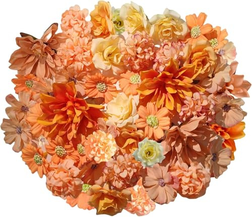 SHUOHONG 40 Stück Kunstblumen zum Basteln, Klein Blumenköpfe 4~8 cm, Blumen Deko, Künstliche Blumen, Rosen Hortensien Fake Blumen, Artificial Flowers für Tortendeko Hochzeitsdeko (Orange)