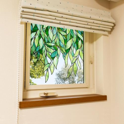 ChicSkin Stained Glass Window Stickers, Original Hand Drawn Glass Covering Decal, Static Cling Window Clings No Glue, Spring Green Leaves 43X58CM
