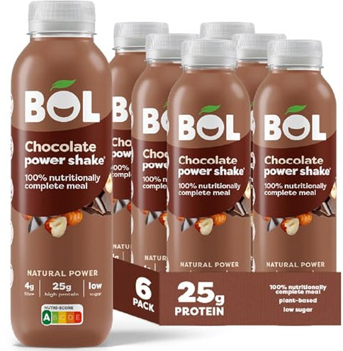 BOL Chocolate Power Shake — Ready-to-drink Nutritionally Complete Meal (302kcal) | 26g High Protein Shake Bottle | Low Sugar, Plant-based, Low Calorie Meal Replacement Shakes (410ml x 6 bottles)