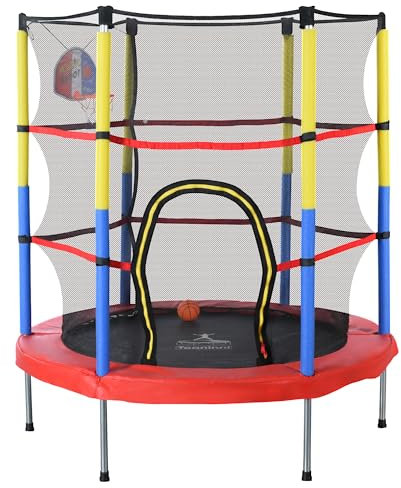 Kindertrampolin mit Basketballkorb – Ø140 cm Mini-Trampolin für Indoor & Outdoor mit Sicherheitsnetz, Stahlrahmen, 6 Stützbeinen, inkl. 2 Basketbälle & Pumpe, für Kinder 3-6 Jahre (Rot/Gelb/Blau)