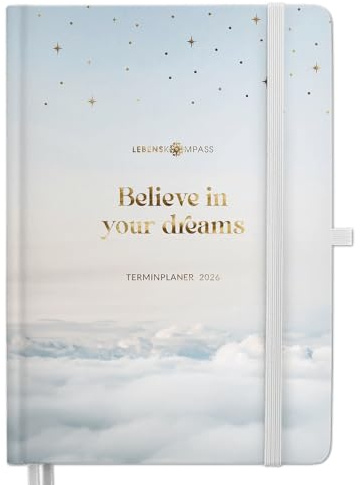 Kalender 2026 Terminplaner Buchkalender A5 von Lebenskompass® - Edler Wochenplaner 2026 & Terminkalender 2026 - stabiles Hardcover mit schöner Folienprägung (Dreams)