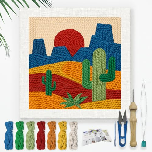 DOODLREAM Kaktus Stickset Zum Selbermachen Mit Punch Needle Für Erwachsene Anfänger 24cm Berge Sonnenuntergang Punch Stitching Bastelset Anfänger Rahmen Stoffmuster Einfädler Garn Punchneedle