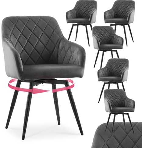 CLIPOP Esszimmerstühle Drehbar, Samt Grau, 6er Set mit Armlehne | Polsterstuhl, Küchenstuhl, Drehstuhl, Für Esszimmer Wohnzimmer Büro