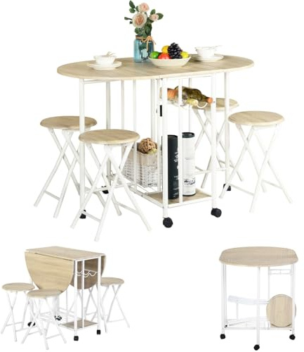 GOKHOMX Juego de comedor plegable con 4 sillas, mesa de cocina, pequeño espacio, almacenamiento, ruedas, Bistrot, terraza, roble
