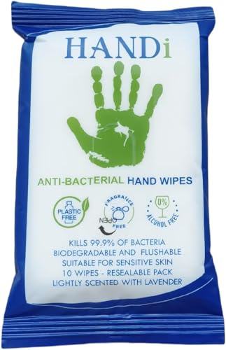 Handi 15 Packs of 10 Antibacterial Wet Wipes Hand Sanitising Travel Handy Kids Small Packets Childrens Adults Surface Flushable Biodegradeable Camping Festival Suitable on Sensitive Skin 150pc