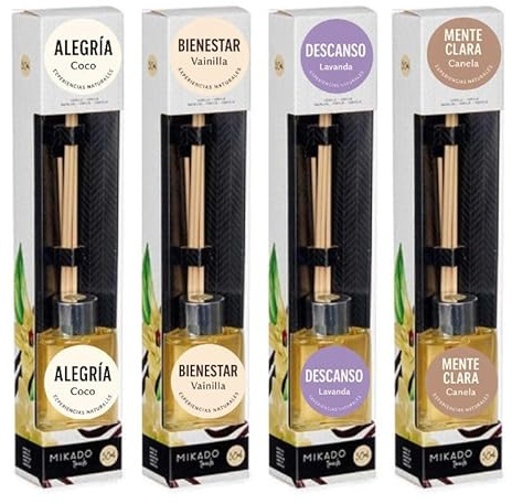 Ambientadores de hogar, Pack 4 Descanso, Bienestar, Concentración, Alegría. Aromas de Coco, Vainilla, Canela, Lavanda para hogar, baño, oficina, spa 120ml. Experiencia emocional en ambientador mikado.