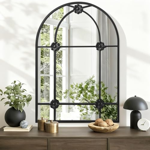 WDSHIYI Black Arched Mirror, Metal Framed Wall Mounted Mirror Arch Modern Artistic Decorative Mirrors for Living Room Bedroom Entryway, 50x70 CM Decor