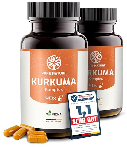 Pure Nature Kurkuma Kapseln hochdosiert 12.000mg - Kurkuma Komplex mit Piperin & Vitamin C - 2x90 Kapseln - Laborgeprüft in Deutschland - 6 Monate Vorrat - Vegan - Curcuma Extrakt mit Acerola