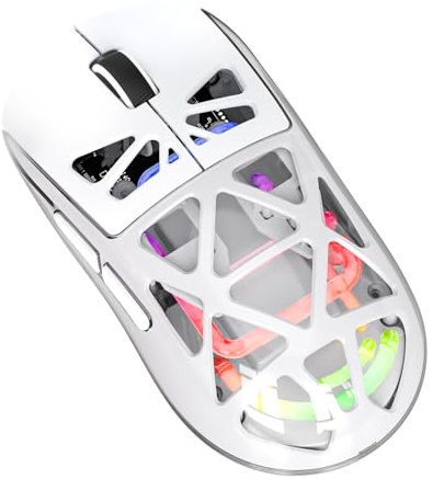 Generico Mouse Gaming Wireless 3 Modalità (2.4G + Bluetooth + Cavo) | DPI 800-3600 Regolabile | RGB | Design Ergonomico | Corpo Semitrasparente (Bianco)