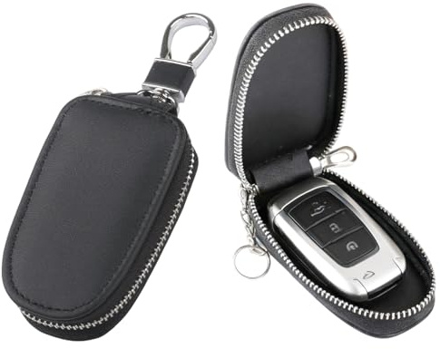 Distorris Leather Car Key Case Universal Auto Key Fob Cover Automative Key Zipper Holder with Keychain and Metal Hook Anti Scratch, Waterproof for Men Women Access Card Black