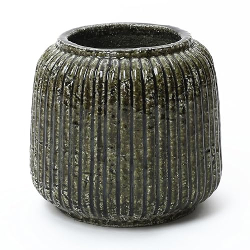 Hometopia Keramik Vase Vintage in Moosgrün mit Rillen-Struktur, Geriffelte Blumenvase für Frische Blumen & Zweige, Dunkelgrüne Dekovase für Wohnzimmer & Büro, 21,5 cm Höhe