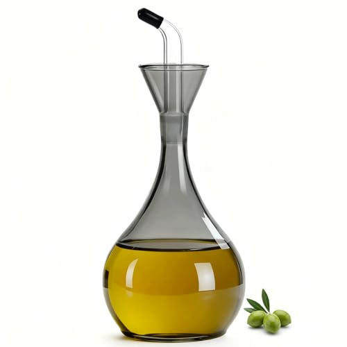 JPCRMOV Glass Oil Bottle 380 ml – Grey Olive Oil Dispenser with Spout – Drip-Free & Leak-Proof – Conical Shape for Precise Pouring – Elegant Kitchen Accessory