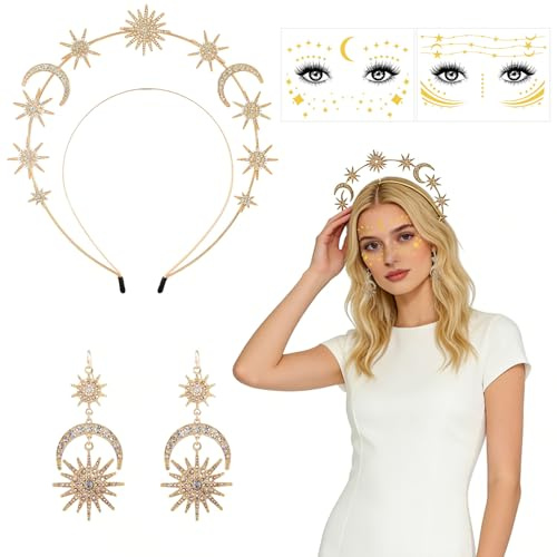 Diadema de Estrella con Diamantes de Imitación,Diadema de Corona con Halo de Estrella,Diadema Luna y Estrellas Sol,Tatuajes Cara Pegatinas,para Carnaval,Fiesta,Boda