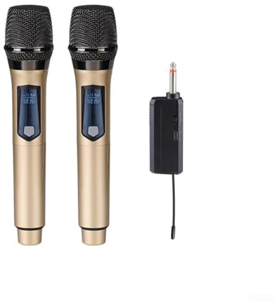 Microphone sans fil UHF, micro portable rechargeable avec double canal pour karaoké et réunions, qualité sonore dynamique, pour événements intérieurs et extérieurs (doré un à deux)