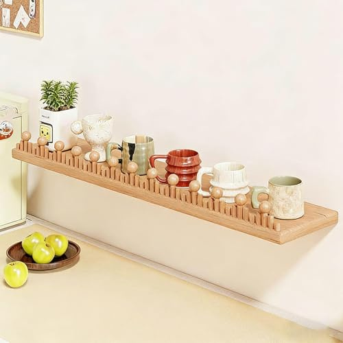 Natural Wooden Wall Shelf with Anti-Drop Railings & Widened Surface, Wall Mounted Display for Cups, Plants, Home Decor(60cm)