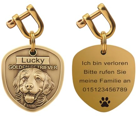 Personalisierte Hundemarke aus Messing mit Gravur – 3D-Relief Hunderassen Portrait, beidseitig gravierbarer, Namensanhänger Adressanhänger Hund ID Tag für Hunde (Golden Retriever)