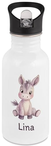 Kiddle-Design Personalisierte Kinder Trinkflasche mit Esel Motiv, individualisierbare Edelstahl Flasche mit Tier & Wunschname für Mädchen & Jungen, Geschenk Einschulung Geburtstag Sport Kindergarten