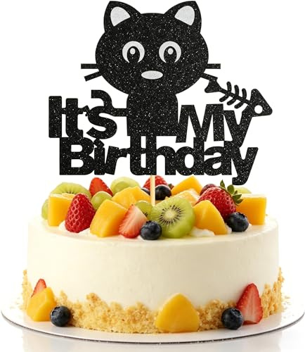 1PC It's My Birthday Cake Topper Black Glitter Cat Theme Cake Decorations for Kitten Theme Birthday Party Decoration Supplies