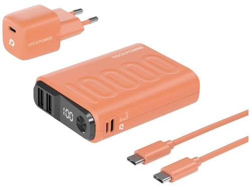 RealPower PB-10000 PowerPack PD Ladeset Powerbank mit 22.5W Power und 10.000mAh Kapazität, Nano USB-C Ladegerät, Schnellladekabel, kompatibel mit iPhone ProMax, iPad, Samsung Galaxy, Google Pixel usw.